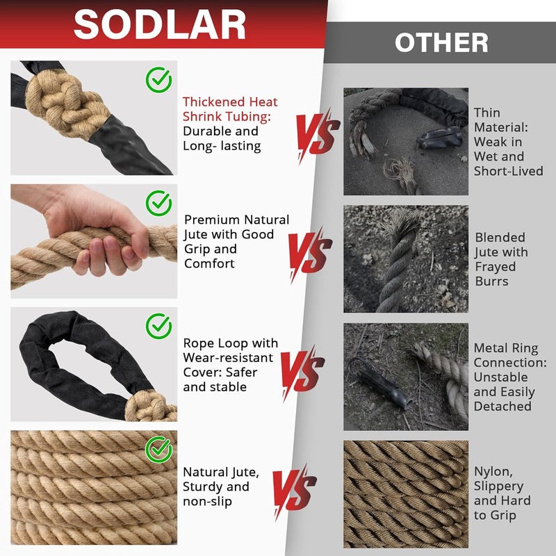 Sodlar حبل تسلق - 10 قدم 15 قدم 20 قدم 25 قدم 30 قدم 35 قدم حبال جوت ثقيلة للبالغين لتدريب القوة في الهواء الطلق وتأرجح الأشجار في الداخل واللياقة البدنية المنزلية - 1.5 بوصة - Image 2
